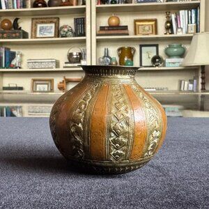 Antique 19th c Ganga-Jamuna Brass & Copper Lota Handcrafted Indian Ritual Vessel